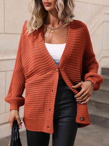 Double Take Button Down Horizontal-Ribbing Longline Cardigan