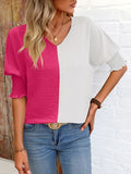 Contrast V-Neck Lantern Sleeve Blouse