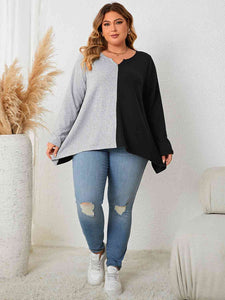 Plus Size Contrast Notched Neck T-Shirt - Rags 2 Riches Shop