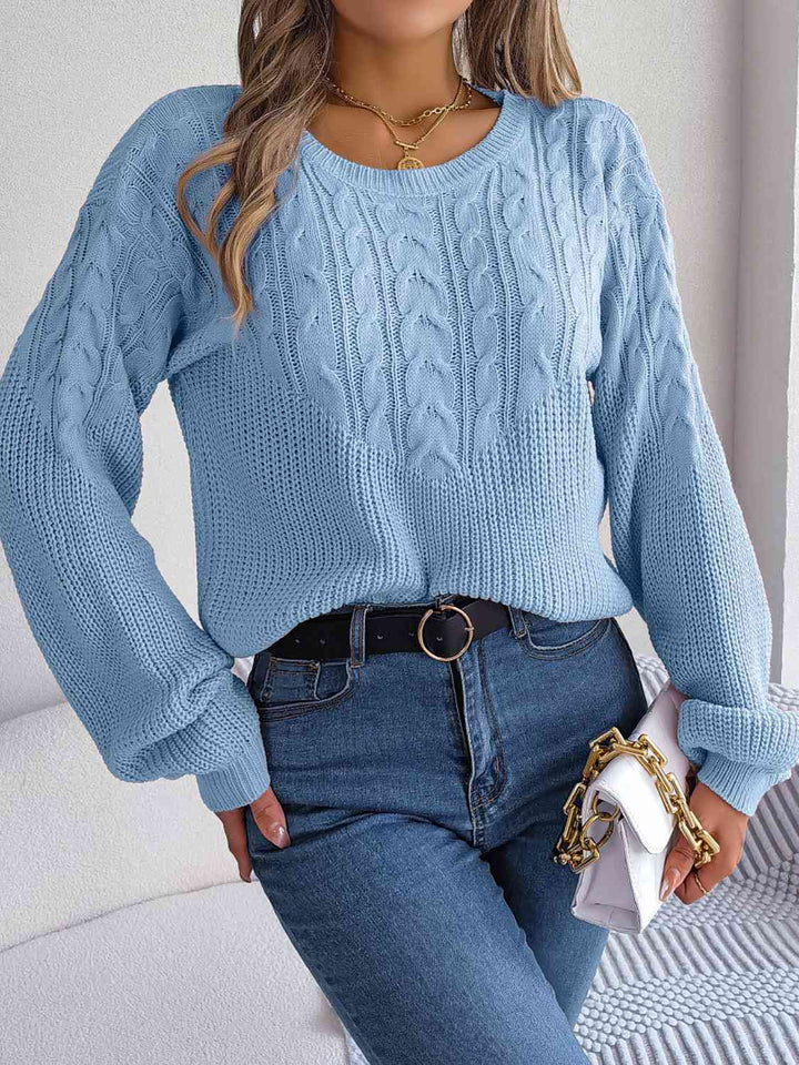 Cable-Knit Round Neck Drop Shoulder Sweater - Rags 2 Riches Shop