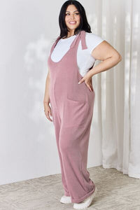 Celeste Full Size Ribbed Tie Shoulder Sleeveless Ankle Overalls