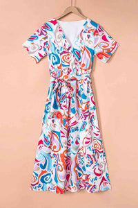 Printed Short Sleeve Tie Waist Dress - Rags 2 Riches Shop