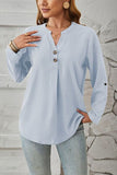 Decorative Button Notched Long Sleeve Blouse