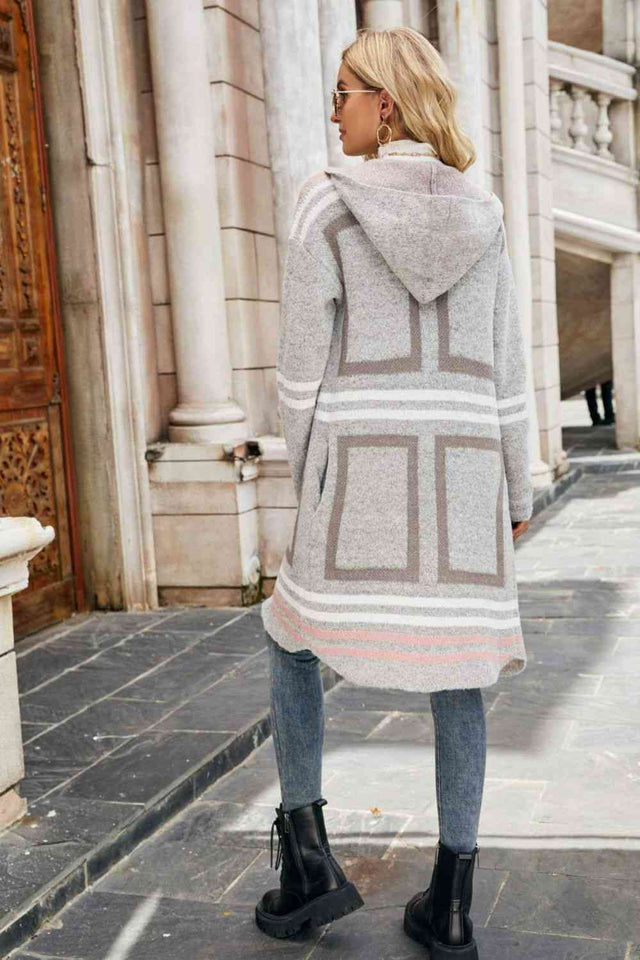 Double Take Printed Open Front Hooded Longline Cardigan