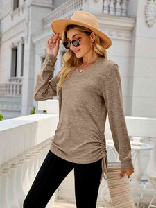 Drawstring V-Neck Long Sleeve T-Shirt - Rags 2 Riches Shop