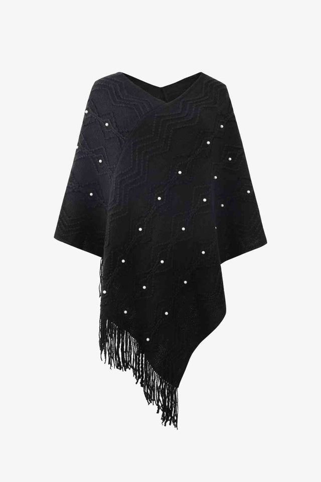 Pearl Trim V-Neck Fringe Hem Poncho