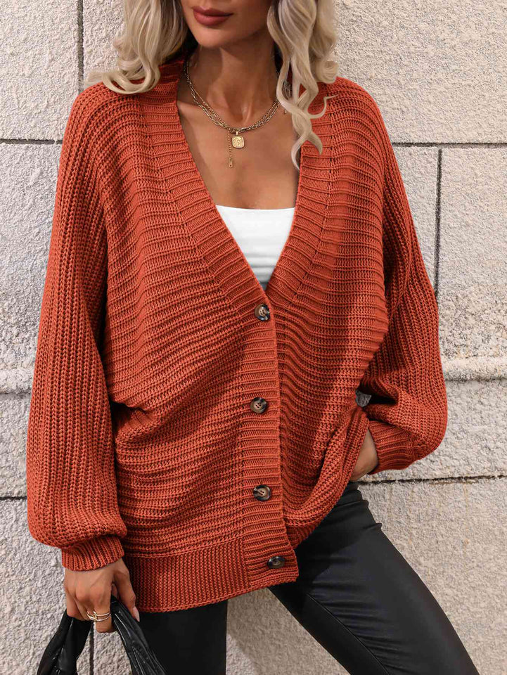 Double Take Button Down Horizontal-Ribbing Longline Cardigan