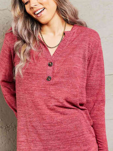 Double Take Buttoned Notched Neck Long Sleeve Top