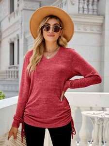 Drawstring V-Neck Long Sleeve T-Shirt - Rags 2 Riches Shop