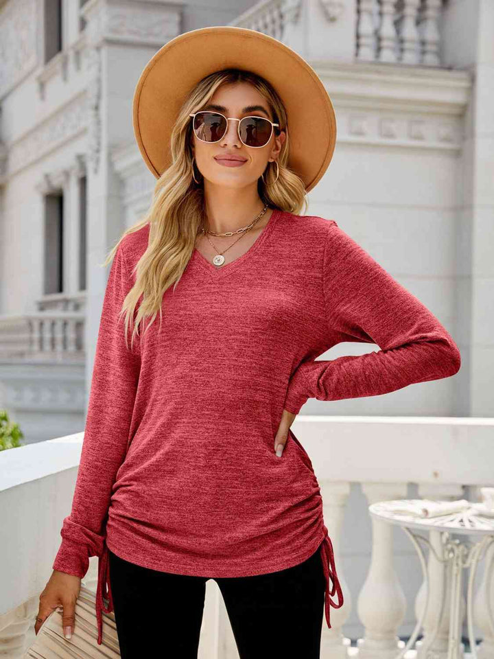 Drawstring V-Neck Long Sleeve T-Shirt - Rags 2 Riches Shop