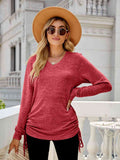 Drawstring V-Neck Long Sleeve T-Shirt - Rags 2 Riches Shop