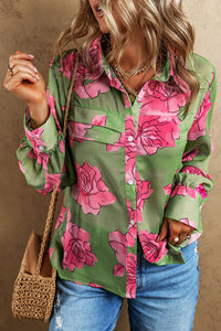 Flower Collared Neck Long Sleeve Shirt