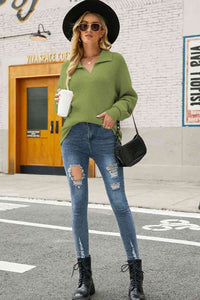 Double Take Horizontal Ribbing Johnny Collar Sweater