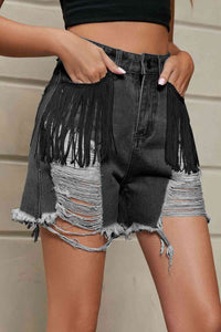 Fringe Trim Distressed Denim Shorts with Pockets