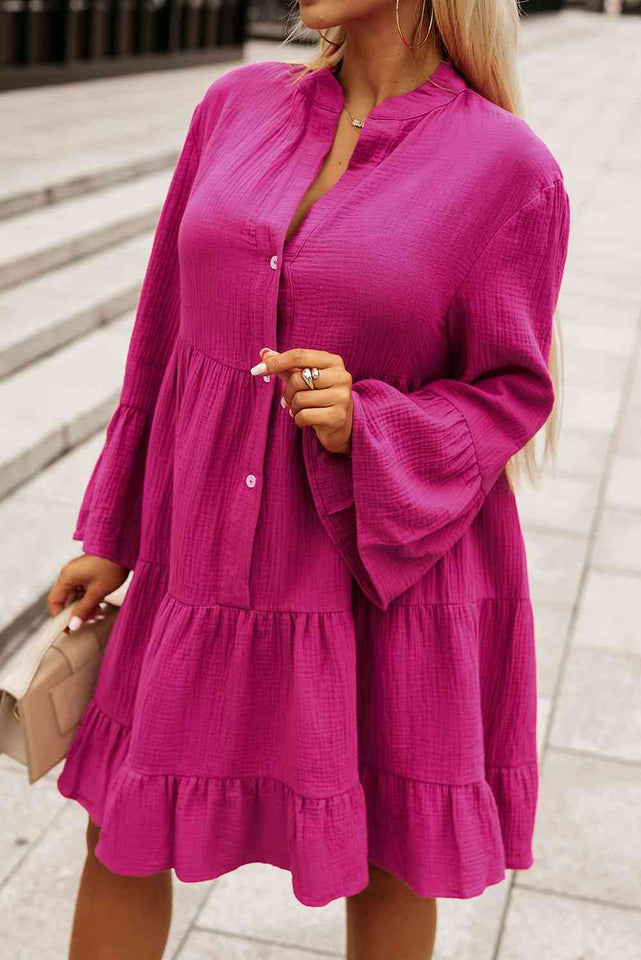 Buttoned Flare Sleeve Tiered Dress - Rags 2 Riches Shop