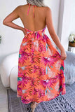 Botanical Print Tied Backless Cutout Slit Dress