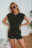 Ribbed Round Neck Pocket Knit Top and Shorts Set