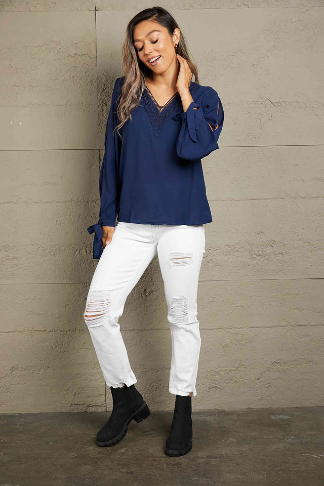 Double Take V-Neck Tie Cuff Slit Blouse