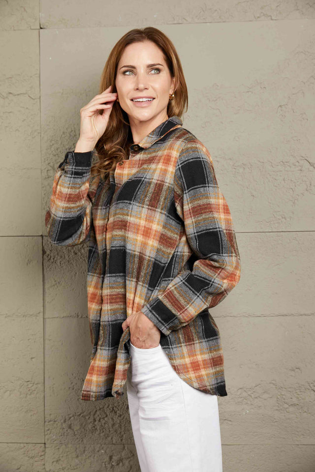 Double Take Plaid Side Slit Curved Hem Shirt