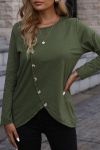 Decorative Button Round Neck Long Sleeve T-Shirt