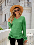 Drawstring V-Neck Long Sleeve T-Shirt - Rags 2 Riches Shop