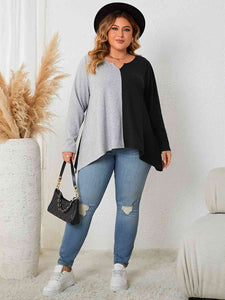 Plus Size Contrast Notched Neck T-Shirt - Rags 2 Riches Shop