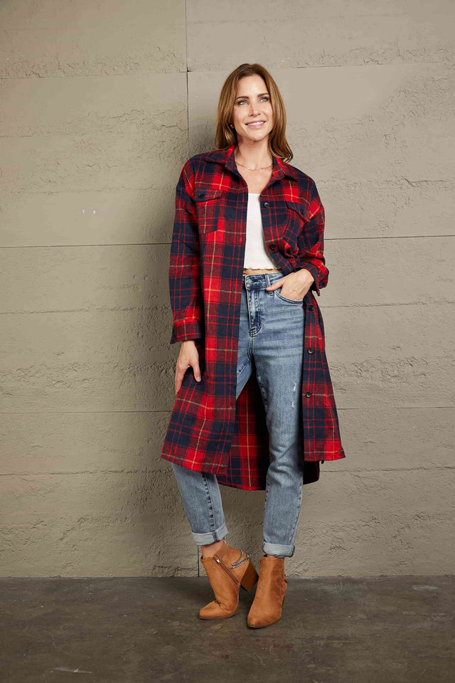 Double Take Plaid Belted Button Down Longline Shirt Jacket