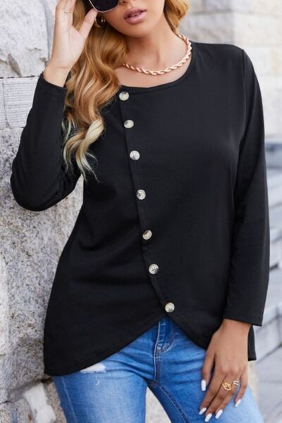 Decorative Button Round Neck Long Sleeve T-Shirt