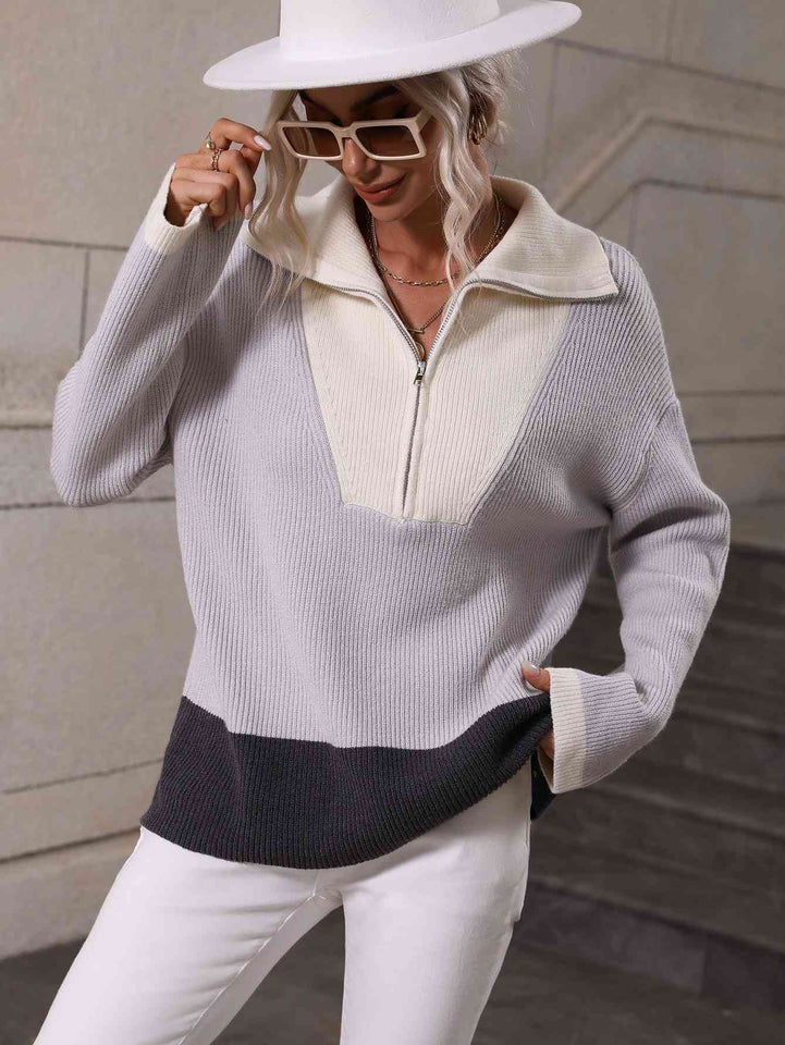 Double Take Color Block Half-Zip Dropped Shoulder Knit Pullover