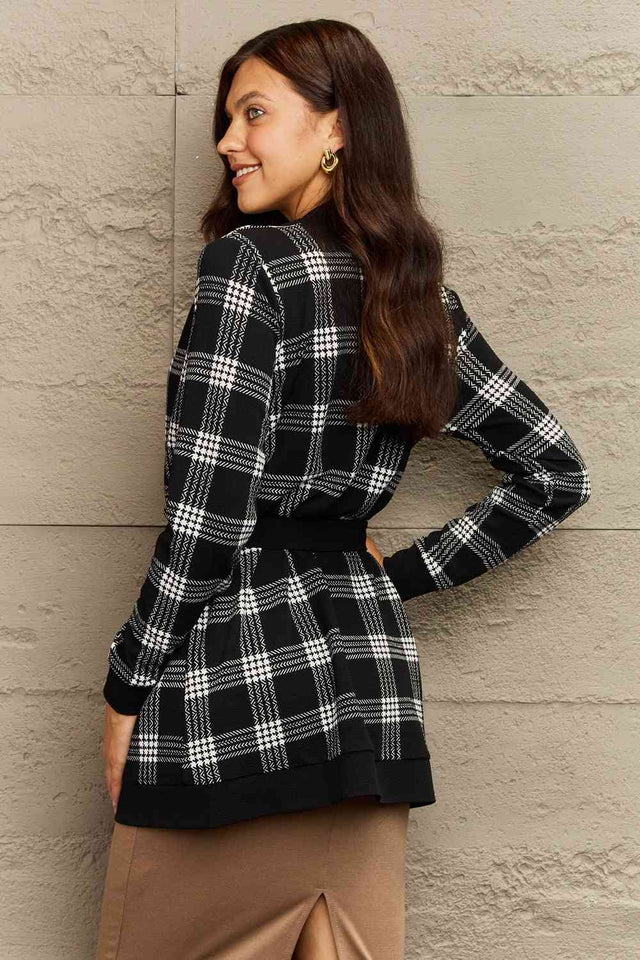 Ninexis Full Size Plaid Tie Waist Pocketed Cardigan