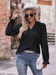 Double Take Eyelet V-Neck Flounce Sleeve Blouse