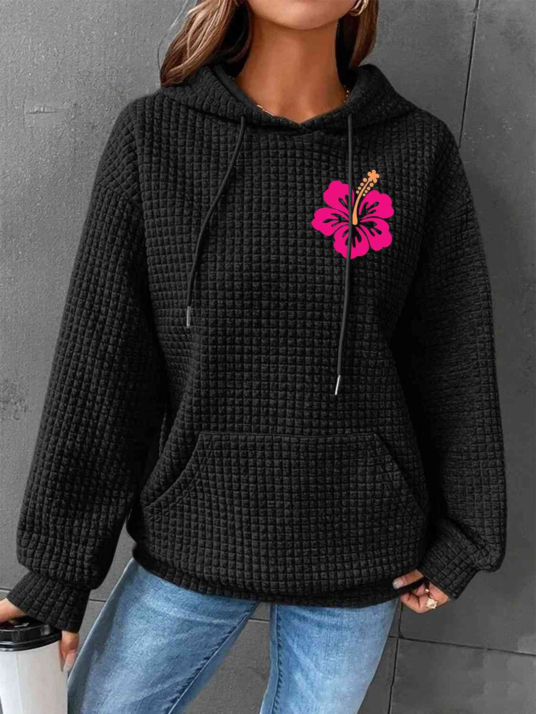 Full Size Flower Graphic Textured Hoodie with Pocket - Rags 2 Riches Shop