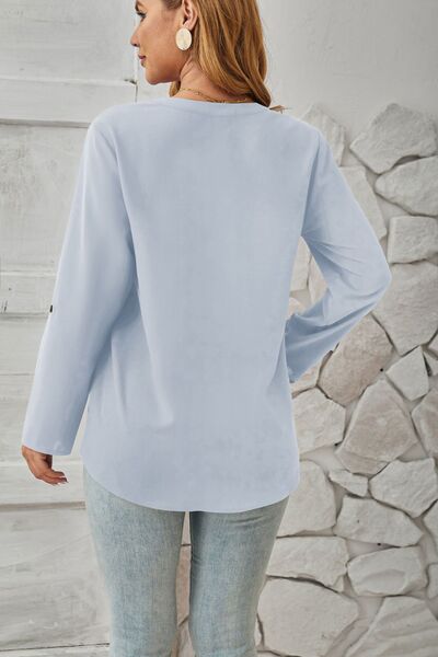 Decorative Button Notched Long Sleeve Blouse