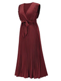 Tied Surplice Cap Sleeve Pleated Dress