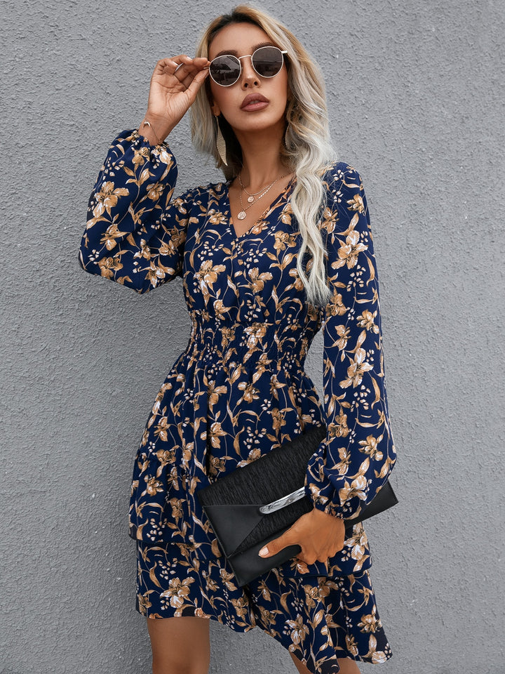 Floral Layered Surplice Balloon Sleeve Dress