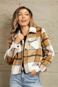 Double Take Plaid Collared Neck Jacket with Breast Pockets