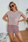 Ribbed Round Neck Pocket Knit Top and Shorts Set