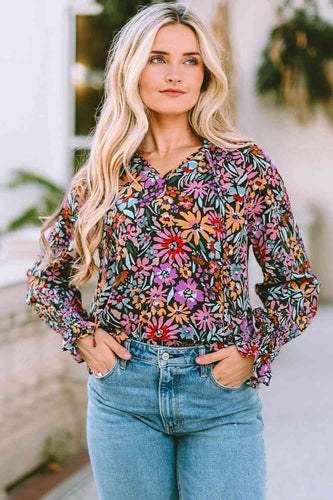 Floral Tie Neck Flounce Sleeve Blouse - Rags 2 Riches Shop