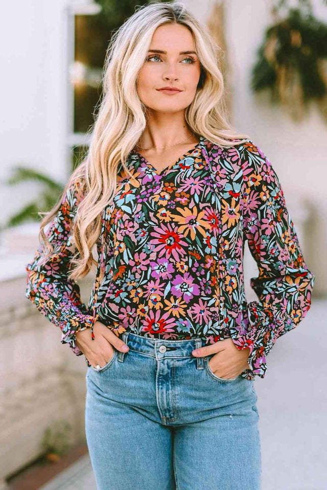 Floral Tie Neck Flounce Sleeve Blouse - Rags 2 Riches Shop