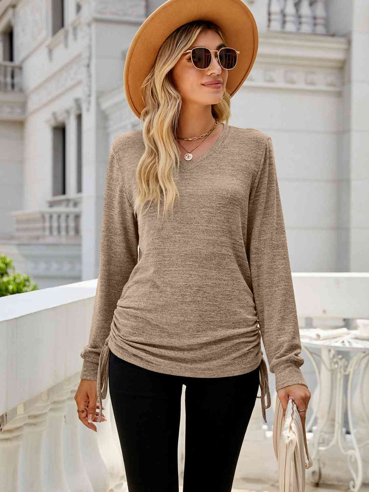 Drawstring V-Neck Long Sleeve T-Shirt - Rags 2 Riches Shop