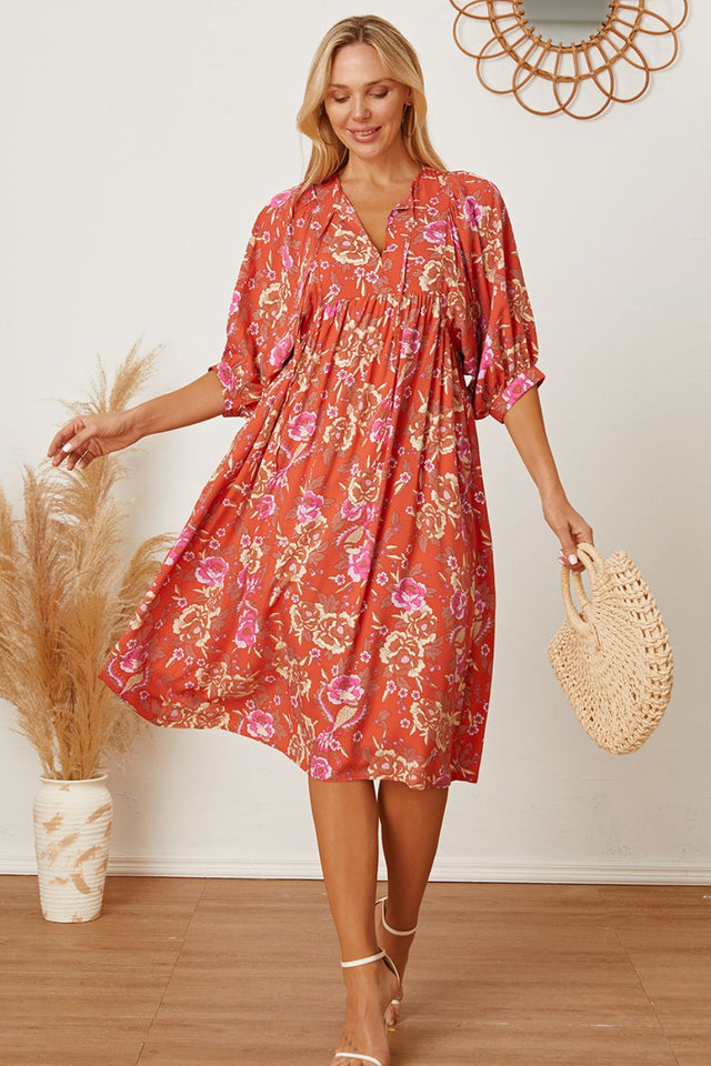 Floral Tie Neck Half Sleeve Dress