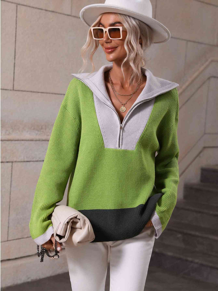 Double Take Color Block Half-Zip Dropped Shoulder Knit Pullover