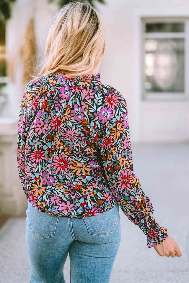 Floral Tie Neck Flounce Sleeve Blouse - Rags 2 Riches Shop