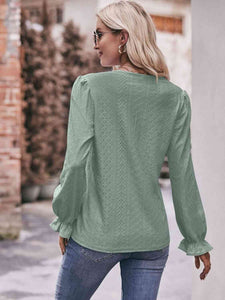 Double Take Eyelet V-Neck Flounce Sleeve Blouse