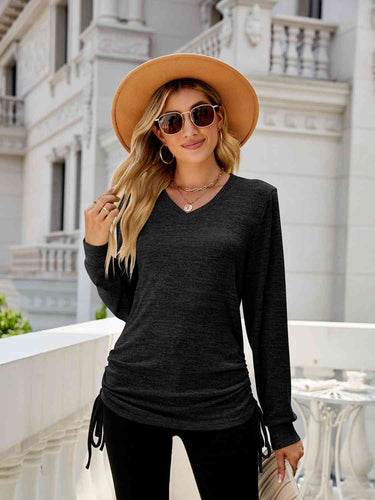 Drawstring V-Neck Long Sleeve T-Shirt - Rags 2 Riches Shop