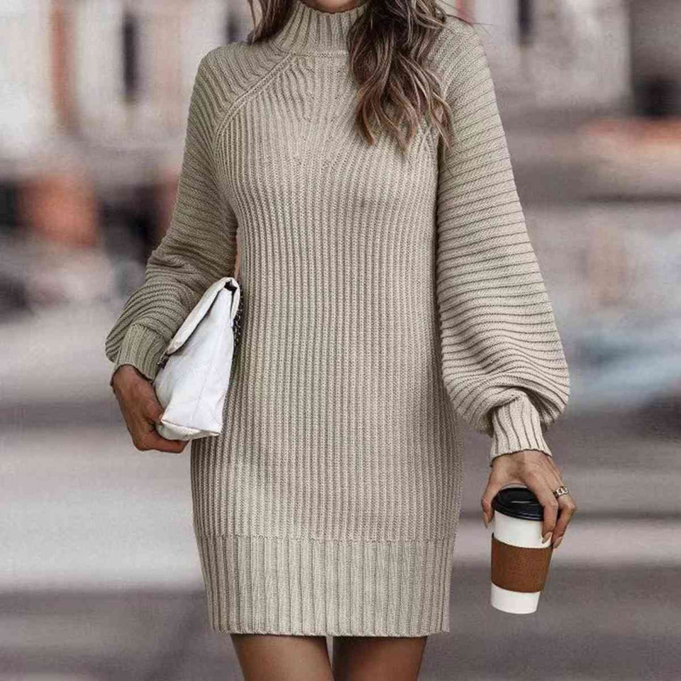 Mock Neck Lantern Sleeve Sweater Dress