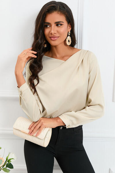 Asymmetric Neck Long Sleeve Satin Blouse