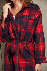 Double Take Plaid Belted Button Down Longline Shirt Jacket