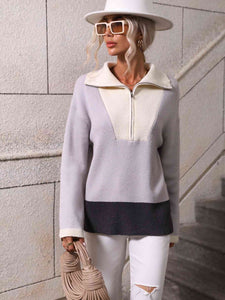 Double Take Color Block Half-Zip Dropped Shoulder Knit Pullover