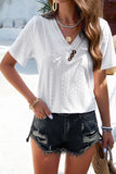 Eyelet Decorative Button V-Neck T-Shirt